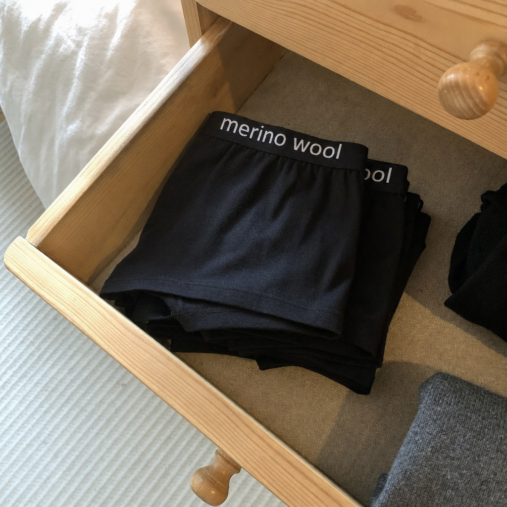 Bare Quiet merino underwear folded in a drawer